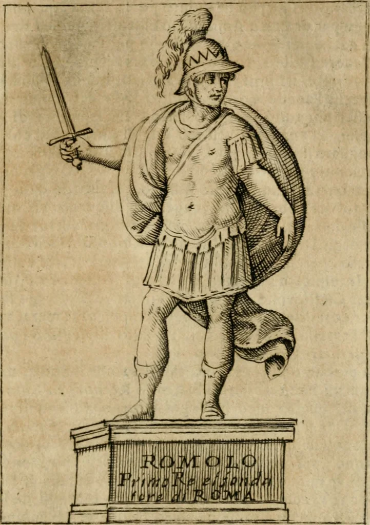 An illustration from Ritratto di Roma antica : nel qvale sono figvrati i principali tempij, theatri, anfiteatri, cerchi, naumachie, archi trionfali, curie, basiliche, colonne, ordine del trionfo, dignita militari, e ciuili, riti cerimonie, & altre cose notabili : aggiuntoui di nuouo le vite, & effigie de' primi rè di essa, e le grandezze dell'Imperio Romano, con l'esplicationi istoriche de' piu celebri antiquarij, 1654, leaf 40
