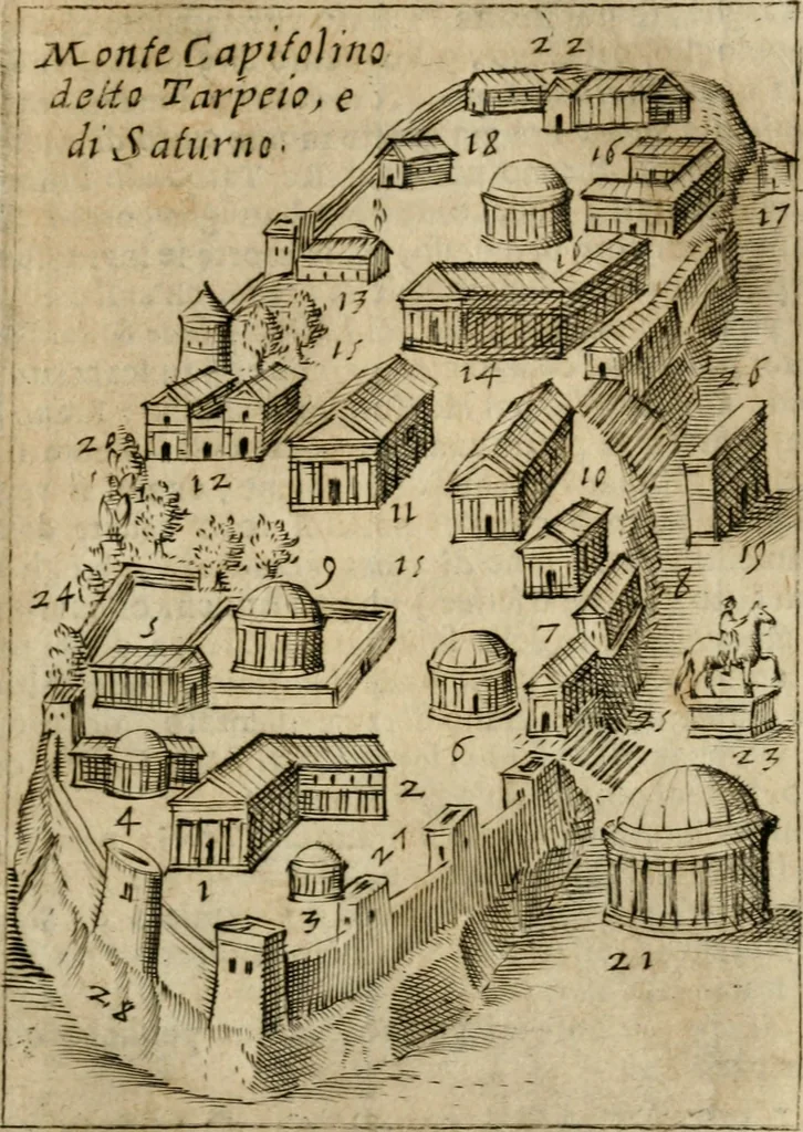 An illustration from Ritratto di Roma antica : nel qvale sono figvrati i principali tempij, theatri, anfiteatri, cerchi, naumachie, archi trionfali, curie, basiliche, colonne, ordine del trionfo, dignita militari, e ciuili, riti cerimonie, & altre cose notabili : aggiuntoui di nuouo le vite, & effigie de' primi rè di essa, e le grandezze dell'Imperio Romano, con l'esplicationi istoriche de' piu celebri antiquarij, 1654, leaf 44
