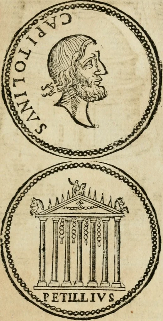 An illustration from Ritratto di Roma antica : nel qvale sono figvrati i principali tempij, theatri, anfiteatri, cerchi, naumachie, archi trionfali, curie, basiliche, colonne, ordine del trionfo, dignita militari, e ciuili, riti cerimonie, & altre cose notabili : aggiuntoui di nuouo le vite, & effigie de' primi rè di essa, e le grandezze dell'Imperio Romano, con l'esplicationi istoriche de' piu celebri antiquarij, 1654, leaf 46
