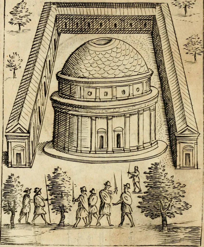 An illustration from Ritratto di Roma antica : nel qvale sono figvrati i principali tempij, theatri, anfiteatri, cerchi, naumachie, archi trionfali, curie, basiliche, colonne, ordine del trionfo, dignita militari, e ciuili, riti cerimonie, & altre cose notabili : aggiuntoui di nuouo le vite, & effigie de' primi rè di essa, e le grandezze dell'Imperio Romano, con l'esplicationi istoriche de' piu celebri antiquarij, 1654, leaf 47