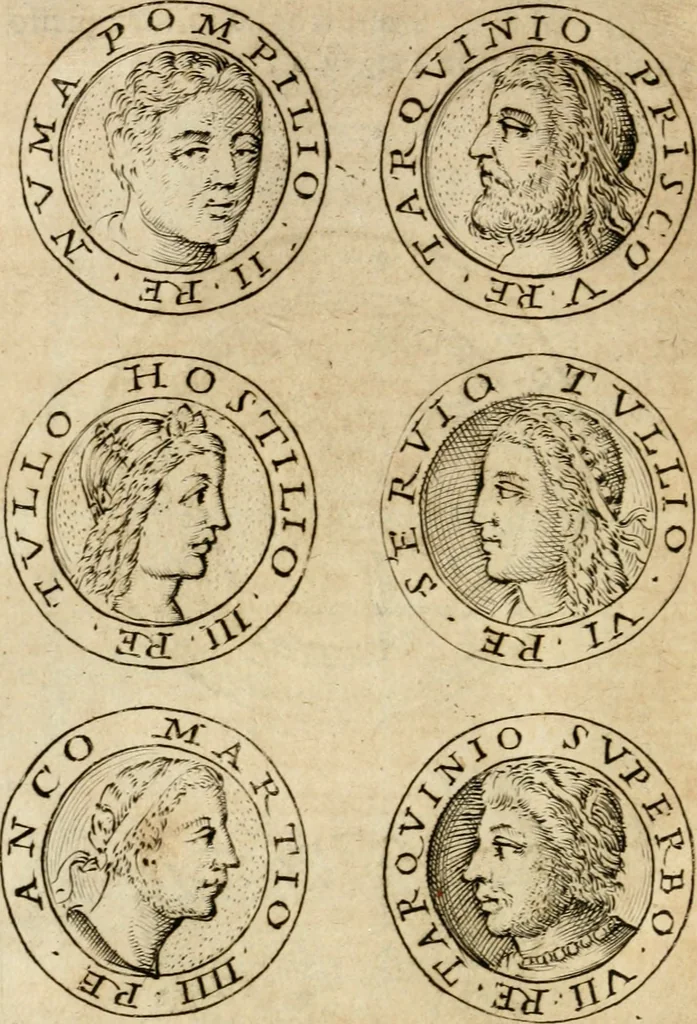 An illustration from Ritratto di Roma antica : nel qvale sono figvrati i principali tempij, theatri, anfiteatri, cerchi, naumachie, archi trionfali, curie, basiliche, colonne, ordine del trionfo, dignita militari, e ciuili, riti cerimonie, & altre cose notabili : aggiuntoui di nuouo le vite, & effigie de' primi rè di essa, e le grandezze dell'Imperio Romano, con l'esplicationi istoriche de' piu celebri antiquarij, 1654, leaf 49