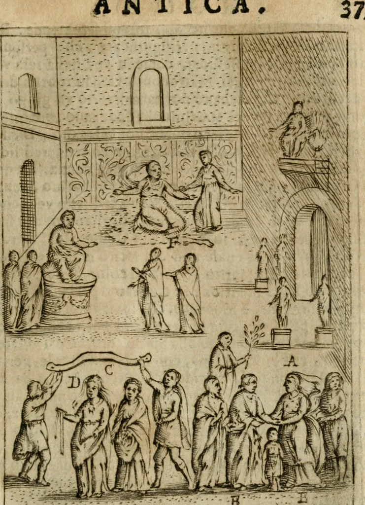 An illustration from Ritratto di Roma antica : nel qvale sono figvrati i principali tempij, theatri, anfiteatri, cerchi, naumachie, archi trionfali, curie, basiliche, colonne, ordine del trionfo, dignita militari, e ciuili, riti cerimonie, & altre cose notabili : aggiuntoui di nuouo le vite, & effigie de' primi rè di essa, e le grandezze dell'Imperio Romano, con l'esplicationi istoriche de' piu celebri antiquarij, 1654, leaf 54