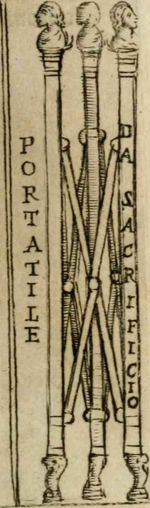 An illustration from Ritratto di Roma antica : nel qvale sono figvrati i principali tempij, theatri, anfiteatri, cerchi, naumachie, archi trionfali, curie, basiliche, colonne, ordine del trionfo, dignita militari, e ciuili, riti cerimonie, & altre cose notabili : aggiuntoui di nuouo le vite, & effigie de' primi rè di essa, e le grandezze dell'Imperio Romano, con l'esplicationi istoriche de' piu celebri antiquarij, 1654, leaf 58