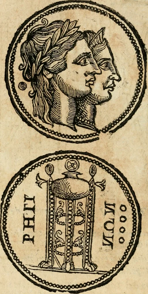 An illustration from Ritratto di Roma antica : nel qvale sono figvrati i principali tempij, theatri, anfiteatri, cerchi, naumachie, archi trionfali, curie, basiliche, colonne, ordine del trionfo, dignita militari, e ciuili, riti cerimonie, & altre cose notabili : aggiuntoui di nuouo le vite, & effigie de' primi rè di essa, e le grandezze dell'Imperio Romano, con l'esplicationi istoriche de' piu celebri antiquarij, 1654, leaf 59