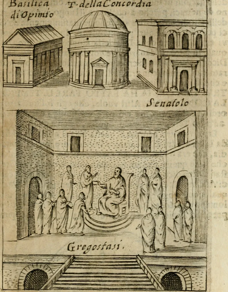 An illustration from Ritratto di Roma antica : nel qvale sono figvrati i principali tempij, theatri, anfiteatri, cerchi, naumachie, archi trionfali, curie, basiliche, colonne, ordine del trionfo, dignita militari, e ciuili, riti cerimonie, & altre cose notabili : aggiuntoui di nuouo le vite, & effigie de' primi rè di essa, e le grandezze dell'Imperio Romano, con l'esplicationi istoriche de' piu celebri antiquarij, 1654, leaf 60