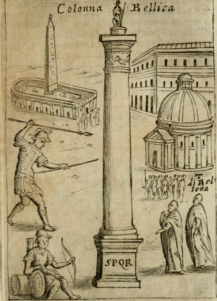 An illustration from Ritratto di Roma antica : nel qvale sono figvrati i principali tempij, theatri, anfiteatri, cerchi, naumachie, archi trionfali, curie, basiliche, colonne, ordine del trionfo, dignita militari, e ciuili, riti cerimonie, & altre cose notabili : aggiuntoui di nuouo le vite, & effigie de' primi rè di essa, e le grandezze dell'Imperio Romano, con l'esplicationi istoriche de' piu celebri antiquarij, 1654, leaf 62