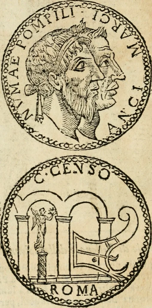An illustration from Ritratto di Roma antica : nel qvale sono figvrati i principali tempij, theatri, anfiteatri, cerchi, naumachie, archi trionfali, curie, basiliche, colonne, ordine del trionfo, dignita militari, e ciuili, riti cerimonie, & altre cose notabili : aggiuntoui di nuouo le vite, & effigie de' primi rè di essa, e le grandezze dell'Imperio Romano, con l'esplicationi istoriche de' piu celebri antiquarij, 1654, leaf 63
