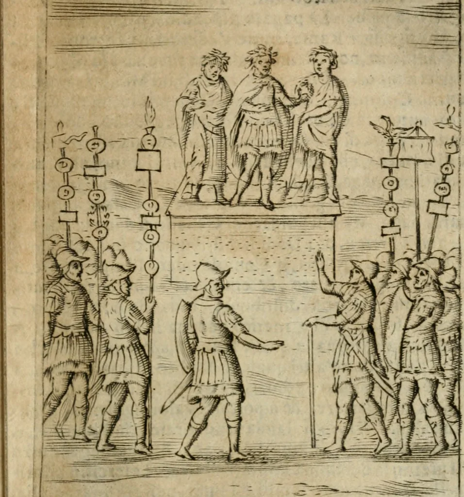 An illustration from Ritratto di Roma antica : nel qvale sono figvrati i principali tempij, theatri, anfiteatri, cerchi, naumachie, archi trionfali, curie, basiliche, colonne, ordine del trionfo, dignita militari, e ciuili, riti cerimonie, & altre cose notabili : aggiuntoui di nuouo le vite, & effigie de' primi rè di essa, e le grandezze dell'Imperio Romano, con l'esplicationi istoriche de' piu celebri antiquarij, 1654, leaf 64