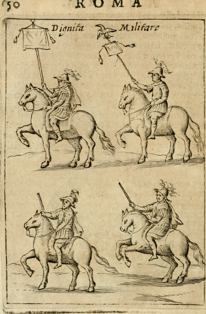 An illustration from Ritratto di Roma antica : nel qvale sono figvrati i principali tempij, theatri, anfiteatri, cerchi, naumachie, archi trionfali, curie, basiliche, colonne, ordine del trionfo, dignita militari, e ciuili, riti cerimonie, & altre cose notabili : aggiuntoui di nuouo le vite, & effigie de' primi rè di essa, e le grandezze dell'Imperio Romano, con l'esplicationi istoriche de' piu celebri antiquarij, 1654, leaf 67