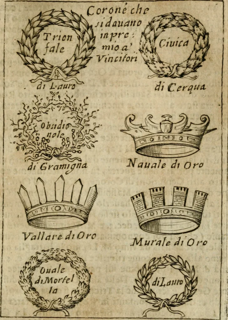 An illustration from Ritratto di Roma antica : nel qvale sono figvrati i principali tempij, theatri, anfiteatri, cerchi, naumachie, archi trionfali, curie, basiliche, colonne, ordine del trionfo, dignita militari, e ciuili, riti cerimonie, & altre cose notabili : aggiuntoui di nuouo le vite, & effigie de' primi rè di essa, e le grandezze dell'Imperio Romano, con l'esplicationi istoriche de' piu celebri antiquarij, 1654, leaf 70