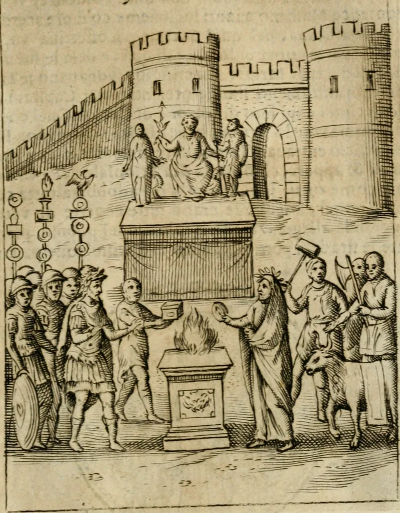 An illustration from Ritratto di Roma antica : nel qvale sono figvrati i principali tempij, theatri, anfiteatri, cerchi, naumachie, archi trionfali, curie, basiliche, colonne, ordine del trionfo, dignita militari, e ciuili, riti cerimonie, & altre cose notabili : aggiuntoui di nuouo le vite, & effigie de' primi rè di essa, e le grandezze dell'Imperio Romano, con l'esplicationi istoriche de' piu celebri antiquarij, 1654, leaf 74