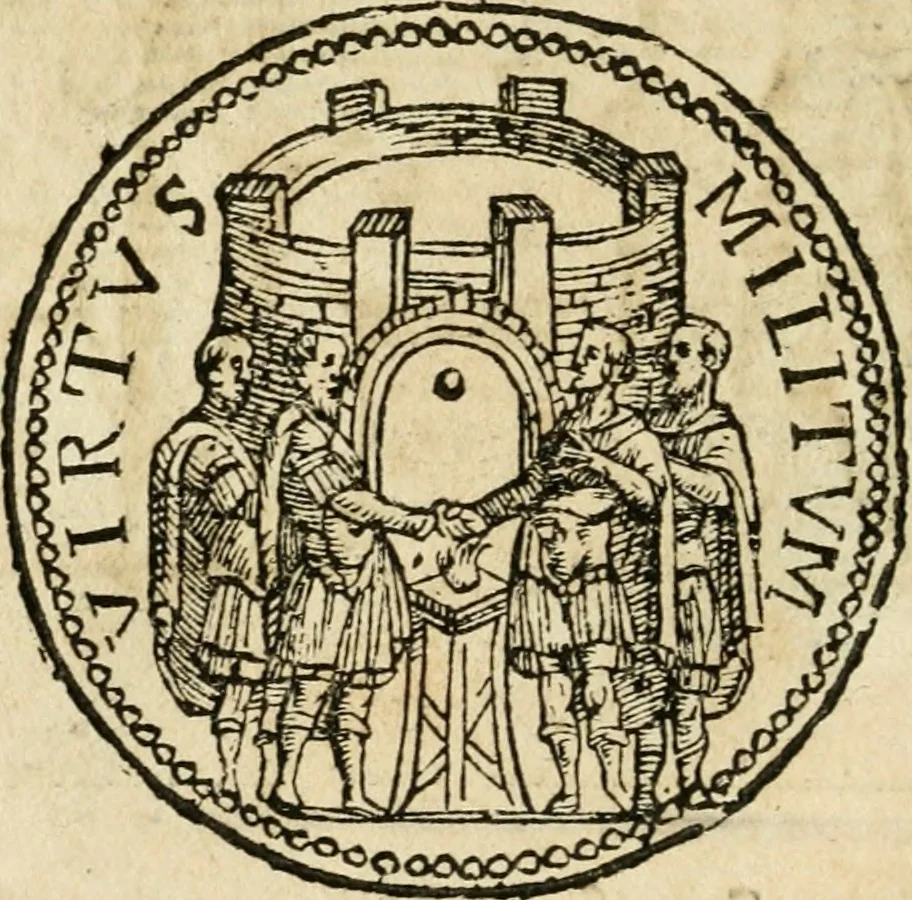An illustration from Ritratto di Roma antica : nel qvale sono figvrati i principali tempij, theatri, anfiteatri, cerchi, naumachie, archi trionfali, curie, basiliche, colonne, ordine del trionfo, dignita militari, e ciuili, riti cerimonie, & altre cose notabili : aggiuntoui di nuouo le vite, & effigie de' primi rè di essa, e le grandezze dell'Imperio Romano, con l'esplicationi istoriche de' piu celebri antiquarij, 1654, leaf 75