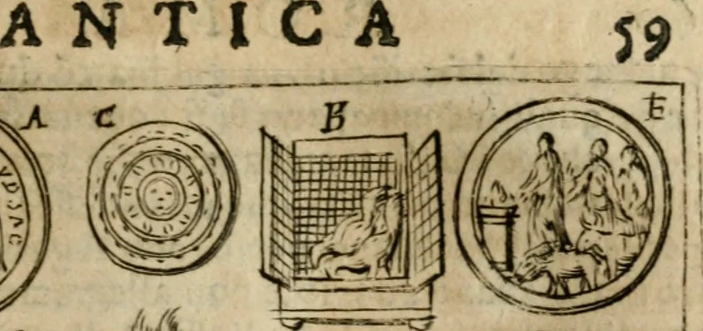 An illustration from Ritratto di Roma antica : nel qvale sono figvrati i principali tempij, theatri, anfiteatri, cerchi, naumachie, archi trionfali, curie, basiliche, colonne, ordine del trionfo, dignita militari, e ciuili, riti cerimonie, & altre cose notabili : aggiuntoui di nuouo le vite, & effigie de' primi rè di essa, e le grandezze dell'Imperio Romano, con l'esplicationi istoriche de' piu celebri antiquarij, 1654, leaf 76