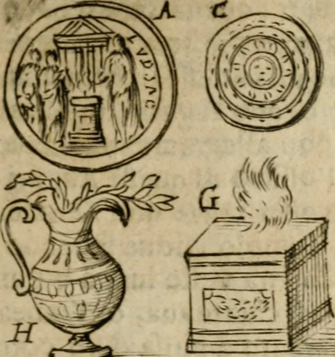 An illustration from Ritratto di Roma antica : nel qvale sono figvrati i principali tempij, theatri, anfiteatri, cerchi, naumachie, archi trionfali, curie, basiliche, colonne, ordine del trionfo, dignita militari, e ciuili, riti cerimonie, & altre cose notabili : aggiuntoui di nuouo le vite, & effigie de' primi rè di essa, e le grandezze dell'Imperio Romano, con l'esplicationi istoriche de' piu celebri antiquarij, 1654, leaf 76