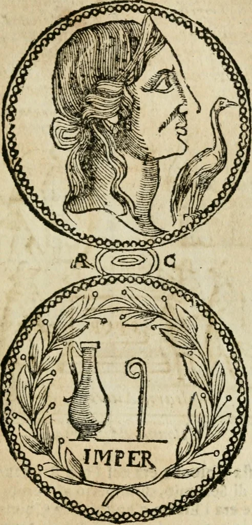 An illustration from Ritratto di Roma antica : nel qvale sono figvrati i principali tempij, theatri, anfiteatri, cerchi, naumachie, archi trionfali, curie, basiliche, colonne, ordine del trionfo, dignita militari, e ciuili, riti cerimonie, & altre cose notabili : aggiuntoui di nuouo le vite, & effigie de' primi rè di essa, e le grandezze dell'Imperio Romano, con l'esplicationi istoriche de' piu celebri antiquarij, 1654, leaf 78