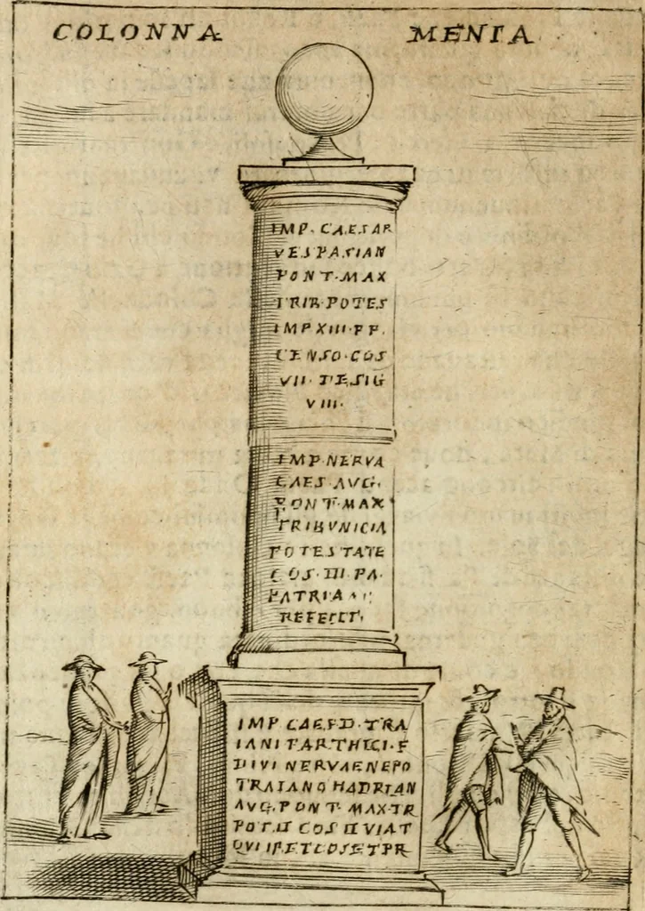 An illustration from Ritratto di Roma antica : nel qvale sono figvrati i principali tempij, theatri, anfiteatri, cerchi, naumachie, archi trionfali, curie, basiliche, colonne, ordine del trionfo, dignita militari, e ciuili, riti cerimonie, & altre cose notabili : aggiuntoui di nuouo le vite, & effigie de' primi rè di essa, e le grandezze dell'Imperio Romano, con l'esplicationi istoriche de' piu celebri antiquarij, 1654, leaf 81