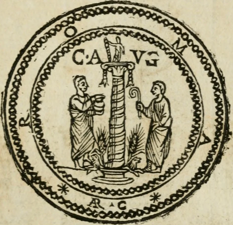 An illustration from Ritratto di Roma antica : nel qvale sono figvrati i principali tempij, theatri, anfiteatri, cerchi, naumachie, archi trionfali, curie, basiliche, colonne, ordine del trionfo, dignita militari, e ciuili, riti cerimonie, & altre cose notabili : aggiuntoui di nuouo le vite, & effigie de' primi rè di essa, e le grandezze dell'Imperio Romano, con l'esplicationi istoriche de' piu celebri antiquarij, 1654, leaf 82