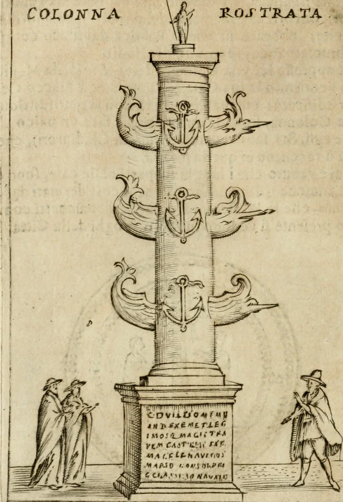 An illustration from Ritratto di Roma antica : nel qvale sono figvrati i principali tempij, theatri, anfiteatri, cerchi, naumachie, archi trionfali, curie, basiliche, colonne, ordine del trionfo, dignita militari, e ciuili, riti cerimonie, & altre cose notabili : aggiuntoui di nuouo le vite, & effigie de' primi rè di essa, e le grandezze dell'Imperio Romano, con l'esplicationi istoriche de' piu celebri antiquarij, 1654, leaf 83