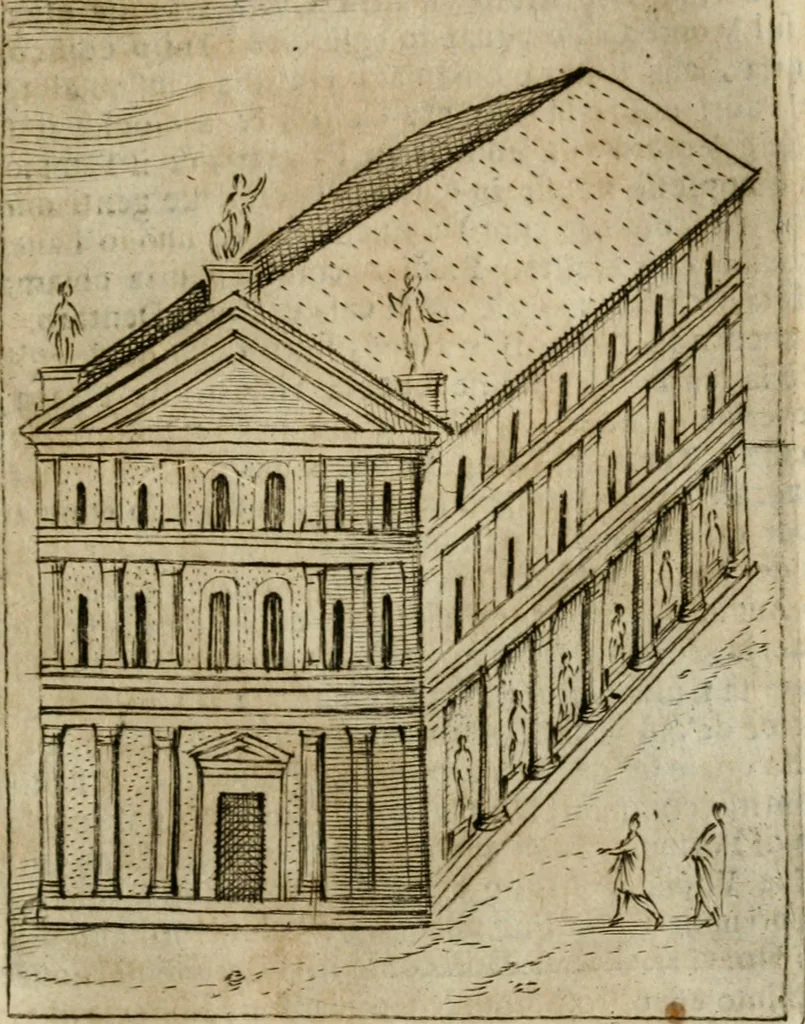 An illustration from Ritratto di Roma antica : nel qvale sono figvrati i principali tempij, theatri, anfiteatri, cerchi, naumachie, archi trionfali, curie, basiliche, colonne, ordine del trionfo, dignita militari, e ciuili, riti cerimonie, & altre cose notabili : aggiuntoui di nuouo le vite, & effigie de' primi rè di essa, e le grandezze dell'Imperio Romano, con l'esplicationi istoriche de' piu celebri antiquarij, 1654, leaf 86