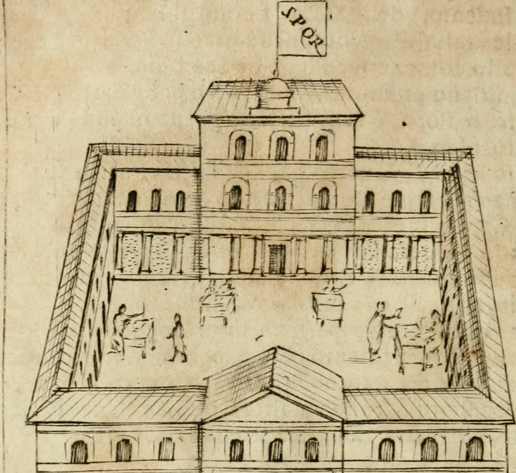 An illustration from Ritratto di Roma antica : nel qvale sono figvrati i principali tempij, theatri, anfiteatri, cerchi, naumachie, archi trionfali, curie, basiliche, colonne, ordine del trionfo, dignita militari, e ciuili, riti cerimonie, & altre cose notabili : aggiuntoui di nuouo le vite, & effigie de' primi rè di essa, e le grandezze dell'Imperio Romano, con l'esplicationi istoriche de' piu celebri antiquarij, 1654, leaf 95