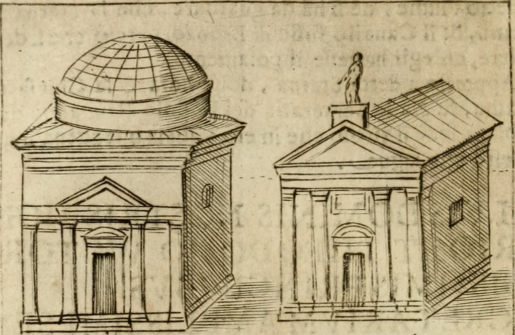 An illustration from Ritratto di Roma antica : nel qvale sono figvrati i principali tempij, theatri, anfiteatri, cerchi, naumachie, archi trionfali, curie, basiliche, colonne, ordine del trionfo, dignita militari, e ciuili, riti cerimonie, & altre cose notabili : aggiuntoui di nuouo le vite, & effigie de' primi rè di essa, e le grandezze dell'Imperio Romano, con l'esplicationi istoriche de' piu celebri antiquarij, 1654, leaf 97