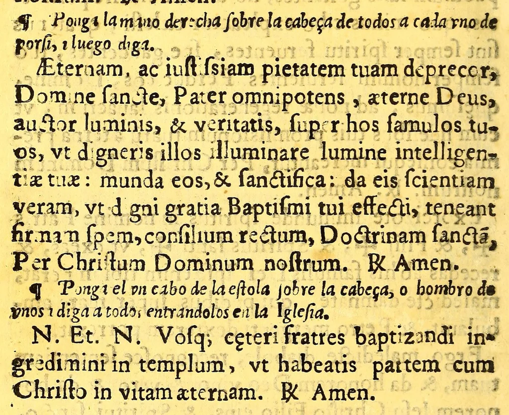 An illustration from Ritual para administrar los sanctos sacramentos sacado casi todo del Ritual romano, i lo de mas del Ritual indico. : Con algunas advertencias necessarias para la administracion de los santos sacramentos. Con una declaracion sumaria de lo que las religiones mendicantes pueden en las Indias por privilegios apostolicos, los quales se train a la letra., 1630, leaf 44