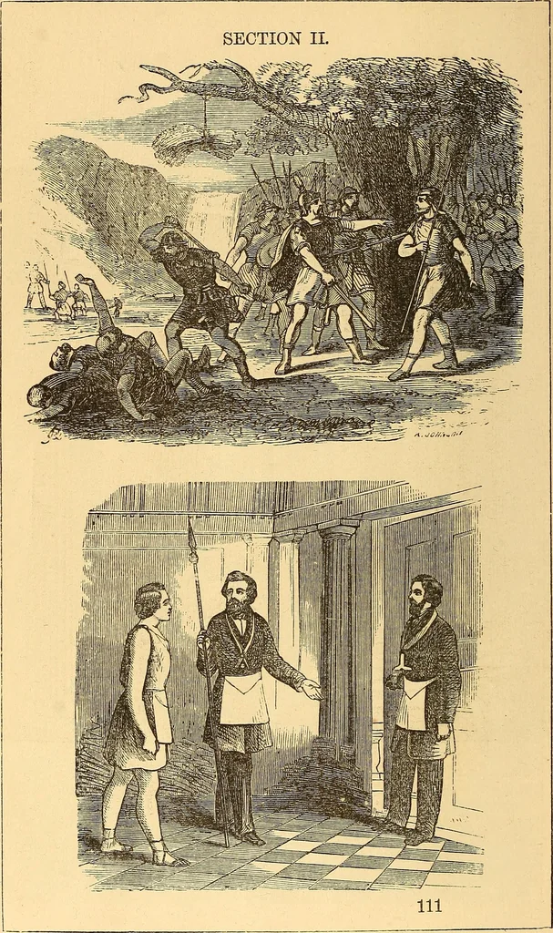 An illustration from Rituals of freemasonry: comprising the degrees of Entered apprentice, Fellow craft, and Master mason, in the lodge;, 1870, leaf 101