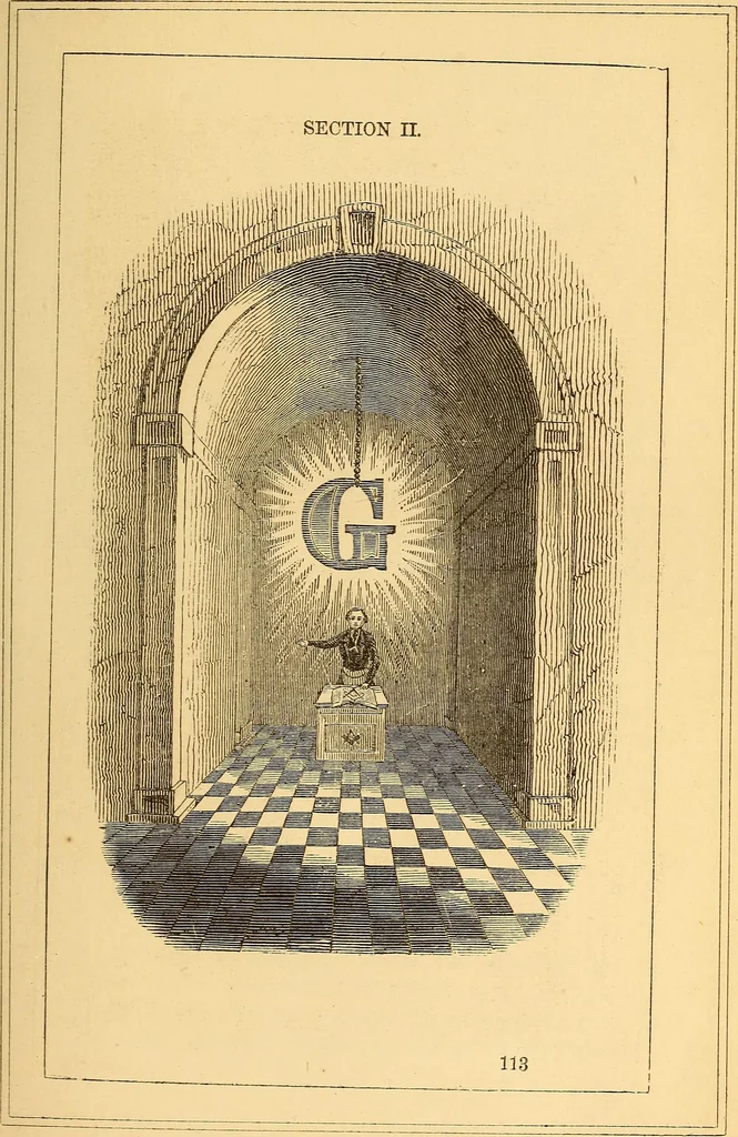 An illustration from Rituals of freemasonry: comprising the degrees of Entered apprentice, Fellow craft, and Master mason, in the lodge;, 1870, leaf 102