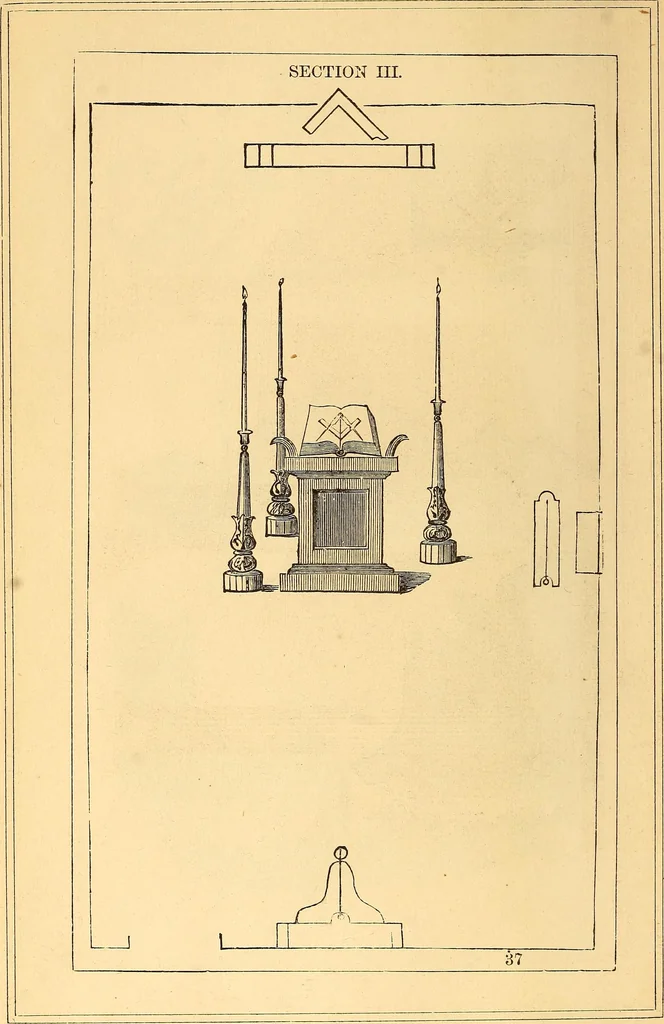 An illustration from Rituals of freemasonry: comprising the degrees of Entered apprentice, Fellow craft, and Master mason, in the lodge;, 1870, leaf 37
