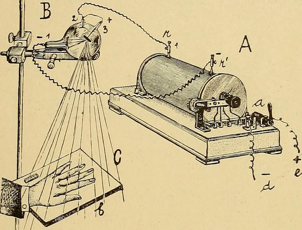 An illustration from Röntgenphotographie : Anleitung zu leicht auszuführenden Arbeiten mit statischer und galvanischer Elektrizität unter besonderer Berücksichtigung der Influenz-Elektrisiermaschine, 1908, leaf 14
