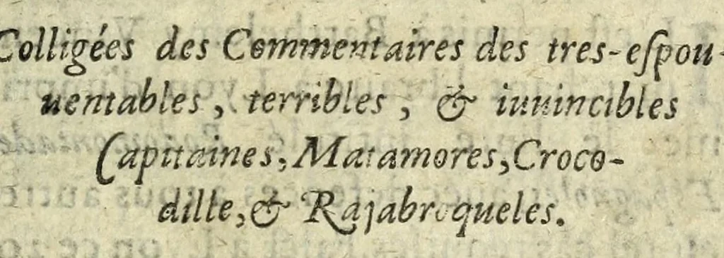 An illustration from Rodomvntadas castellanas : recopiladas de los commentarios de los muy aspantosos, terribles & inuincibles capitanes, Metamoros, Crocodillo y Rajabroqueles = Rodomontades espagnoles : colligées des commentaires des tres-espouuentables, terribles, & iuuincibles [sic] capitaines, Matamores, Crocodille, & Rajabroqueles, 1619, leaf 7