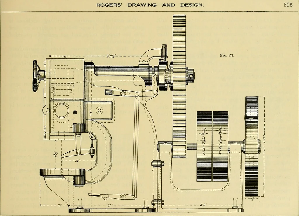 An illustration from Rogers' drawing and design; an educational treatise relating to linear drawing; machine design; working drawings; transmission methods; steam, electrical and metal working machines and parts; lathes; boiler and parts; instruments and their use; tables, etc, 1913, leaf 288