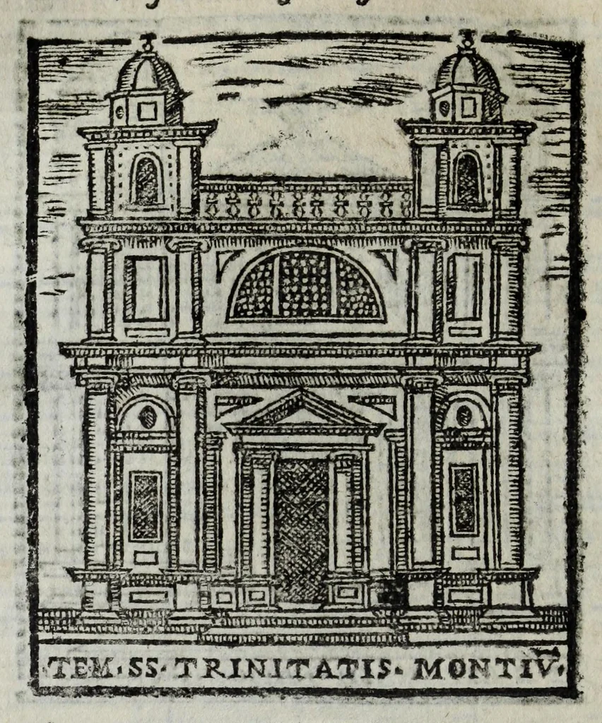 An illustration from Roma antica e moderna : nella quale si contengono chiese, monasterij, hospedali, compagnie, collegij, e seminarij, tempij, teatri, anfiteatri, naumachie, cerchi, fori, curie, palazzi, e statue, librerie, musei, pitture, scolture, & i nomi de gli artefici : indice de' sommi pontefici, imperatori, e duchi : con vna copiosissima tauola, & altre nuoue aggiunte, 1653, leaf 122