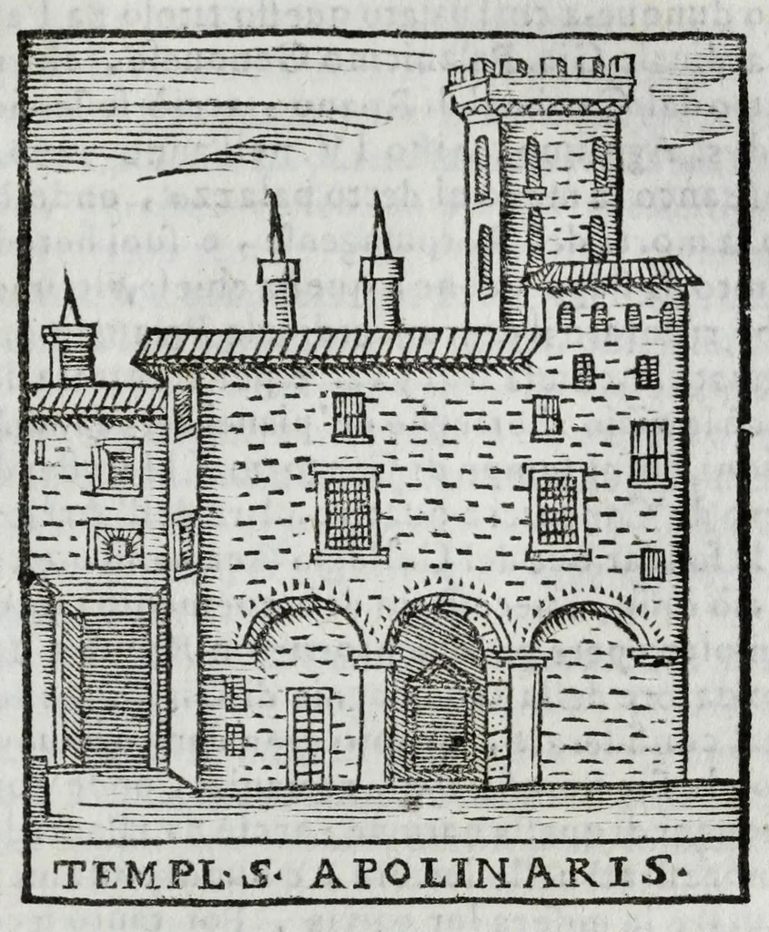 An illustration from Roma antica e moderna : nella quale si contengono chiese, monasterij, hospedali, compagnie, collegij, e seminarij, tempij, teatri, anfiteatri, naumachie, cerchi, fori, curie, palazzi, e statue, librerie, musei, pitture, scolture, & i nomi de gli artefici : indice de' sommi pontefici, imperatori, e duchi : con vna copiosissima tauola, & altre nuoue aggiunte, 1653, leaf 221