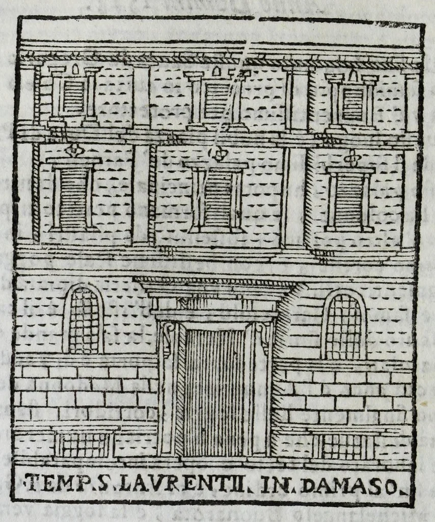 An illustration from Roma antica e moderna : nella quale si contengono chiese, monasterij, hospedali, compagnie, collegij, e seminarij, tempij, teatri, anfiteatri, naumachie, cerchi, fori, curie, palazzi, e statue, librerie, musei, pitture, scolture, & i nomi de gli artefici : indice de' sommi pontefici, imperatori, e duchi : con vna copiosissima tauola, & altre nuoue aggiunte, 1653, leaf 266