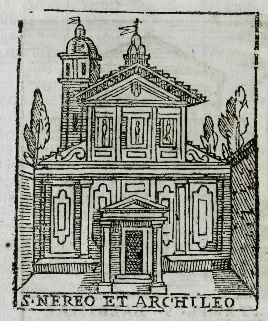 An illustration from Roma antica e moderna : nella quale si contengono chiese, monasterij, hospedali, compagnie, collegij, e seminarij, tempij, teatri, anfiteatri, naumachie, cerchi, fori, curie, palazzi, e statue, librerie, musei, pitture, scolture, & i nomi de gli artefici : indice de' sommi pontefici, imperatori, e duchi : con vna copiosissima tauola, & altre nuoue aggiunte, 1653, leaf 332