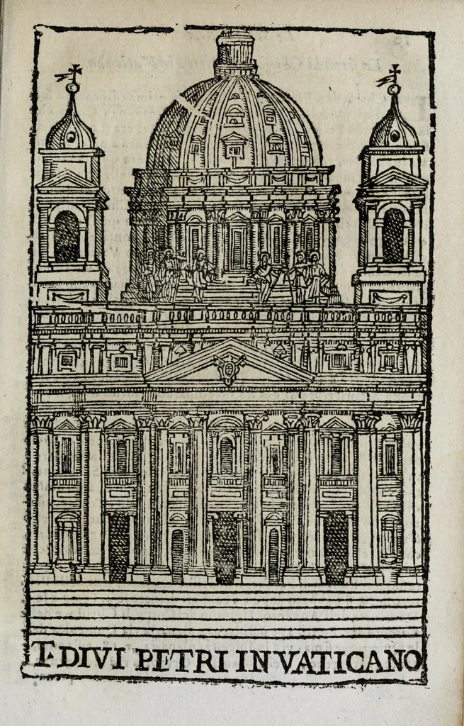 An illustration from Roma antica e moderna : nella quale si contengono chiese, monasterij, hospedali, compagnie, collegij, e seminarij, tempij, teatri, anfiteatri, naumachie, cerchi, fori, curie, palazzi, e statue, librerie, musei, pitture, scolture, & i nomi de gli artefici : indice de' sommi pontefici, imperatori, e duchi : con vna copiosissima tauola, & altre nuoue aggiunte, 1653, leaf 45