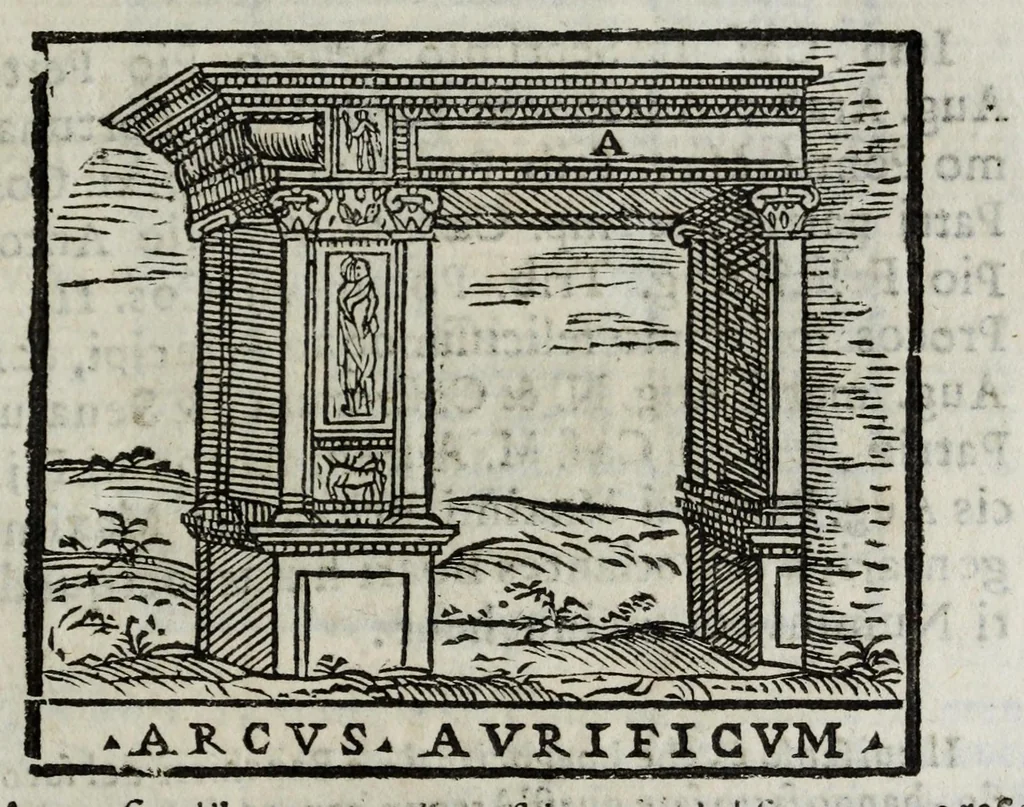 An illustration from Roma antica e moderna : nella quale si contengono chiese, monasterij, hospedali, compagnie, collegij, e seminarij, tempij, teatri, anfiteatri, naumachie, cerchi, fori, curie, palazzi, e statue, librerie, musei, pitture, scolture, & i nomi de gli artefici : indice de' sommi pontefici, imperatori, e duchi : con vna copiosissima tauola, & altre nuoue aggiunte, 1653, leaf 565