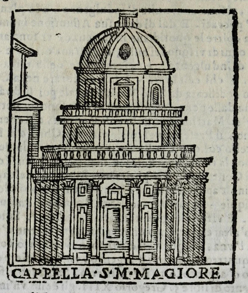 An illustration from Roma antica e moderna : nella quale si contengono chiese, monasterij, hospedali, compagnie, collegij, e seminarij, tempij, teatri, anfiteatri, naumachie, cerchi, fori, curie, palazzi, e statue, librerie, musei, pitture, scolture, & i nomi de gli artefici : indice de' sommi pontefici, imperatori, e duchi : con vna copiosissima tauola, & altre nuoue aggiunte, 1653, leaf 58