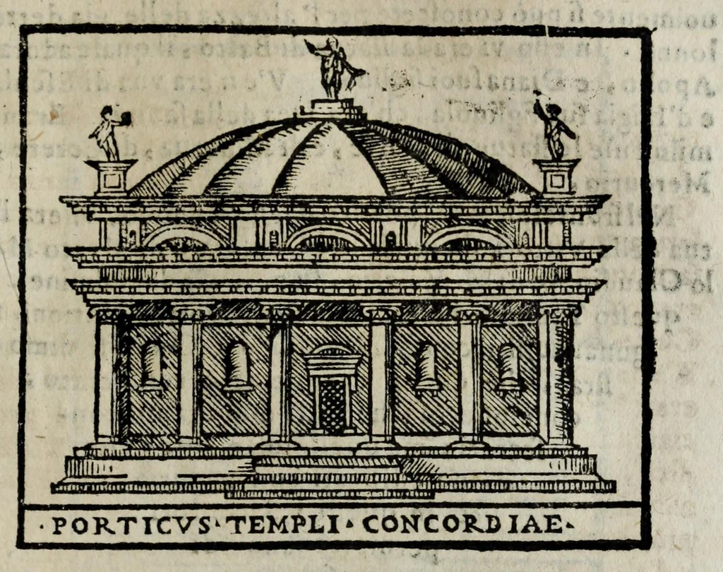An illustration from Roma antica e moderna : nella quale si contengono chiese, monasterij, hospedali, compagnie, collegij, e seminarij, tempij, teatri, anfiteatri, naumachie, cerchi, fori, curie, palazzi, e statue, librerie, musei, pitture, scolture, & i nomi de gli artefici : indice de' sommi pontefici, imperatori, e duchi : con vna copiosissima tauola, & altre nuoue aggiunte, 1653, leaf 717