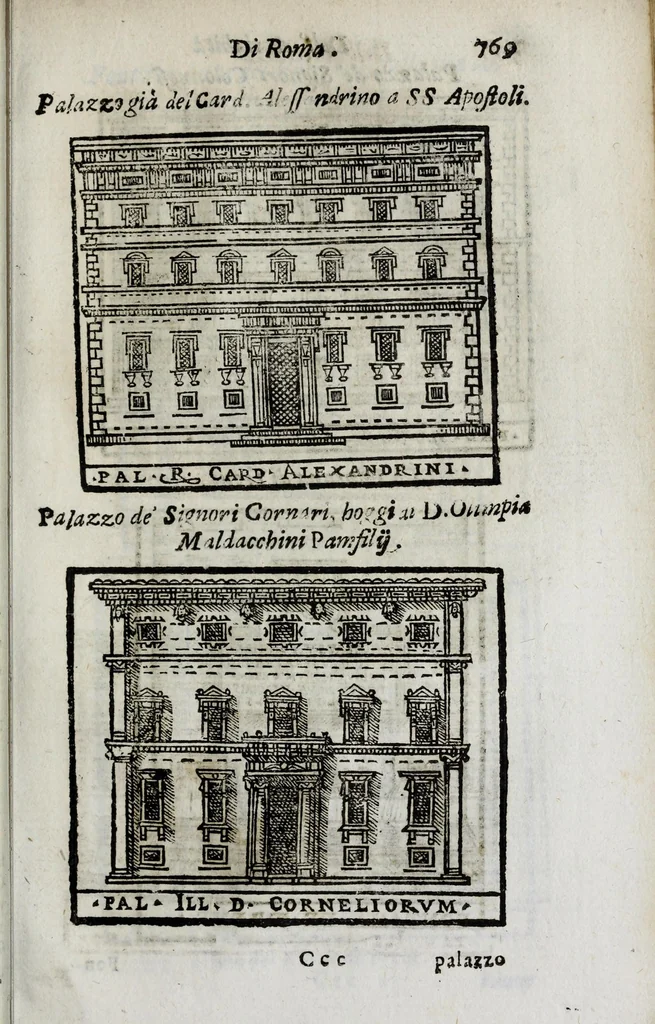 An illustration from Roma antica e moderna : nella quale si contengono chiese, monasterij, hospedali, compagnie, collegij, e seminarij, tempij, teatri, anfiteatri, naumachie, cerchi, fori, curie, palazzi, e statue, librerie, musei, pitture, scolture, & i nomi de gli artefici : indice de' sommi pontefici, imperatori, e duchi : con vna copiosissima tauola, & altre nuoue aggiunte, 1653, leaf 805