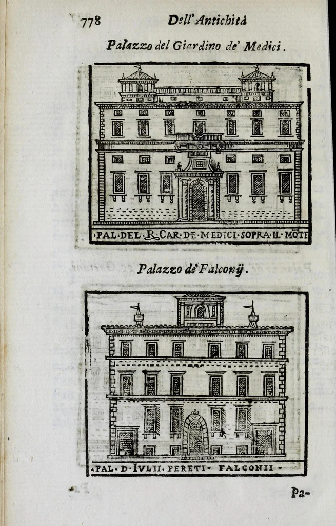 An illustration from Roma antica e moderna : nella quale si contengono chiese, monasterij, hospedali, compagnie, collegij, e seminarij, tempij, teatri, anfiteatri, naumachie, cerchi, fori, curie, palazzi, e statue, librerie, musei, pitture, scolture, & i nomi de gli artefici : indice de' sommi pontefici, imperatori, e duchi : con vna copiosissima tauola, & altre nuoue aggiunte, 1653, leaf 814