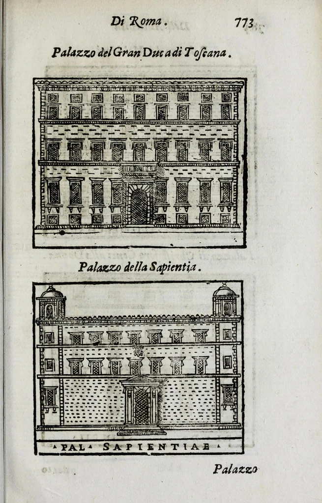An illustration from Roma antica e moderna : nella quale si contengono chiese, monasterij, hospedali, compagnie, collegij, e seminarij, tempij, teatri, anfiteatri, naumachie, cerchi, fori, curie, palazzi, e statue, librerie, musei, pitture, scolture, & i nomi de gli artefici : indice de' sommi pontefici, imperatori, e duchi : con vna copiosissima tauola, & altre nuoue aggiunte, 1653, leaf 819