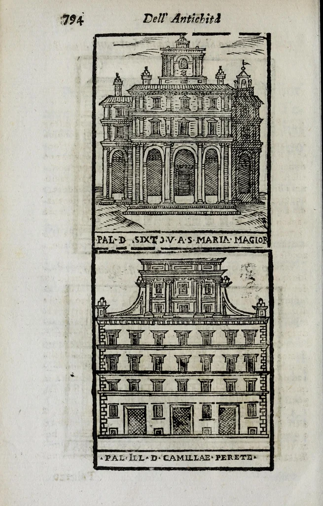 An illustration from Roma antica e moderna : nella quale si contengono chiese, monasterij, hospedali, compagnie, collegij, e seminarij, tempij, teatri, anfiteatri, naumachie, cerchi, fori, curie, palazzi, e statue, librerie, musei, pitture, scolture, & i nomi de gli artefici : indice de' sommi pontefici, imperatori, e duchi : con vna copiosissima tauola, & altre nuoue aggiunte, 1653, leaf 830
