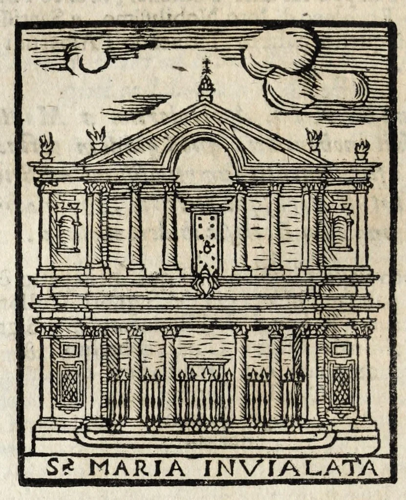 An illustration from Roma antica e moderna : nella quale si contengono chiese, monasterij, hospedali, compagnie, collegij e seminarij : tempij, teatri, anfiteatri, naumachie, cerchi, fori, curie, palazzi e statue : librarie, musei, pitture, scolture, & i nomi de gli artifici : indice de' sommi pontefici, imperatori, rè, e duchi : con vna copiosissima tauola, e aggiunta di tutte le cose notabili fatte sino al presente, 1677, leaf 174