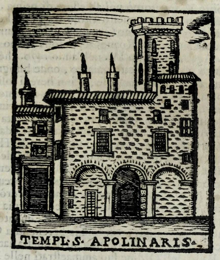 An illustration from Roma antica e moderna : nella quale si contengono chiese, monasterij, hospedali, compagnie, collegij e seminarij : tempij, teatri, anfiteatri, naumachie, cerchi, fori, curie, palazzi e statue : librarie, musei, pitture, scolture, & i nomi de gli artifici : indice de' sommi pontefici, imperatori, rè, e duchi : con vna copiosissima tauola, e aggiunta di tutte le cose notabili fatte sino al presente, 1677, leaf 245
