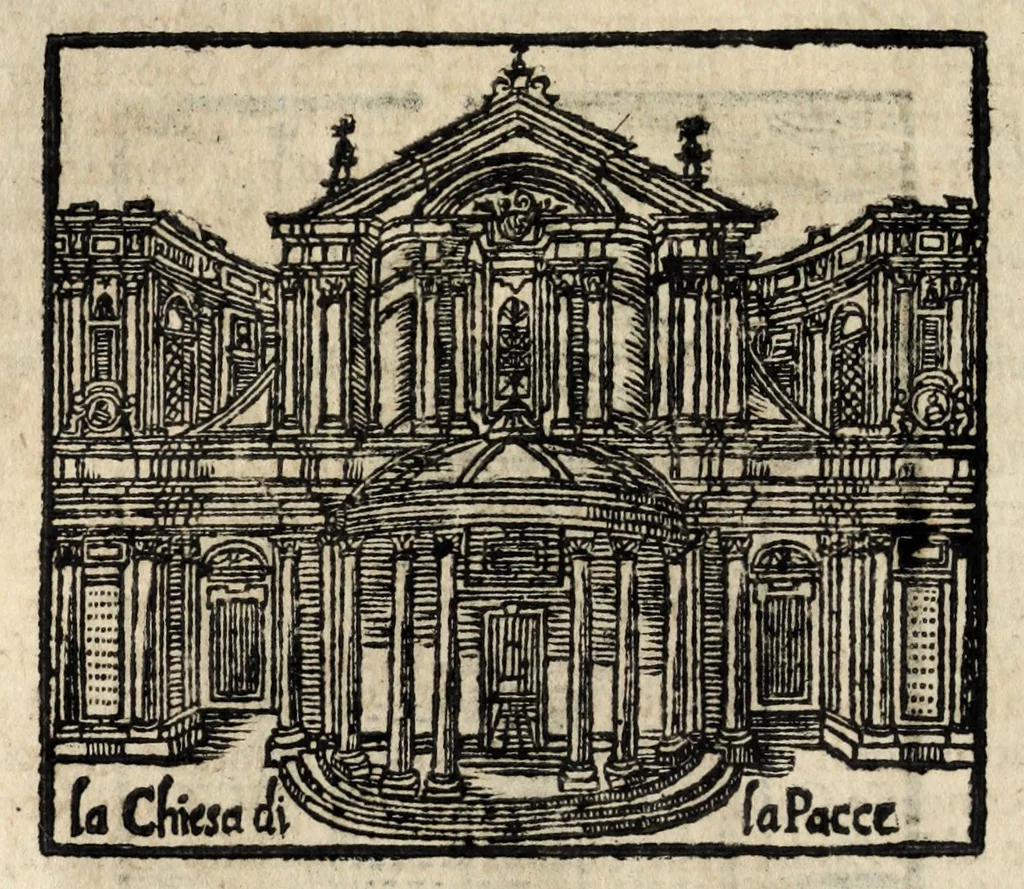 An illustration from Roma antica e moderna : nella quale si contengono chiese, monasterij, hospedali, compagnie, collegij e seminarij : tempij, teatri, anfiteatri, naumachie, cerchi, fori, curie, palazzi e statue : librarie, musei, pitture, scolture, & i nomi de gli artifici : indice de' sommi pontefici, imperatori, rè, e duchi : con vna copiosissima tauola, e aggiunta di tutte le cose notabili fatte sino al presente, 1677, leaf 264