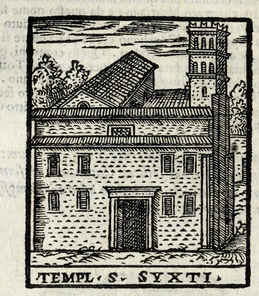 An illustration from Roma antica e moderna : nella quale si contengono chiese, monasterij, hospedali, compagnie, collegij e seminarij : tempij, teatri, anfiteatri, naumachie, cerchi, fori, curie, palazzi e statue : librarie, musei, pitture, scolture, & i nomi de gli artifici : indice de' sommi pontefici, imperatori, rè, e duchi : con vna copiosissima tauola, e aggiunta di tutte le cose notabili fatte sino al presente, 1677, leaf 382