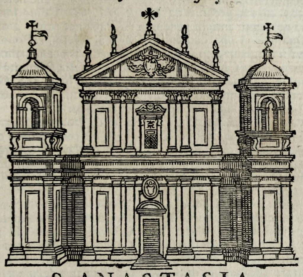 An illustration from Roma antica e moderna : nella quale si contengono chiese, monasterij, hospedali, compagnie, collegij e seminarij : tempij, teatri, anfiteatri, naumachie, cerchi, fori, curie, palazzi e statue : librarie, musei, pitture, scolture, & i nomi de gli artifici : indice de' sommi pontefici, imperatori, rè, e duchi : con vna copiosissima tauola, e aggiunta di tutte le cose notabili fatte sino al presente, 1677, leaf 417