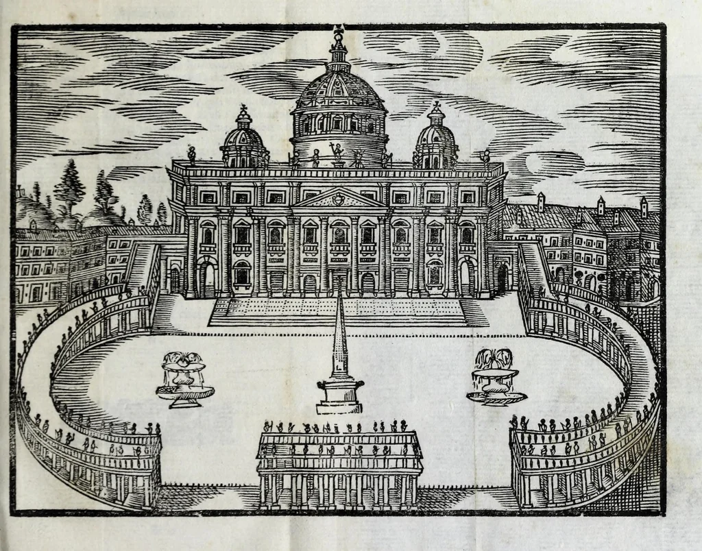 An illustration from Roma antica e moderna : nella quale si contengono chiese, monasterij, hospedali, compagnie, collegij e seminarij : tempij, teatri, anfiteatri, naumachie, cerchi, fori, curie, palazzi e statue : librarie, musei, pitture, scolture, & i nomi de gli artifici : indice de' sommi pontefici, imperatori, rè, e duchi : con vna copiosissima tauola, e aggiunta di tutte le cose notabili fatte sino al presente, 1677, leaf 53